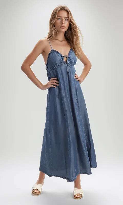 53381 Adjustable Braided Spaghetti Sleeves Blue Jeans Maxi Dress Comfortable Cotton Maxi Dress