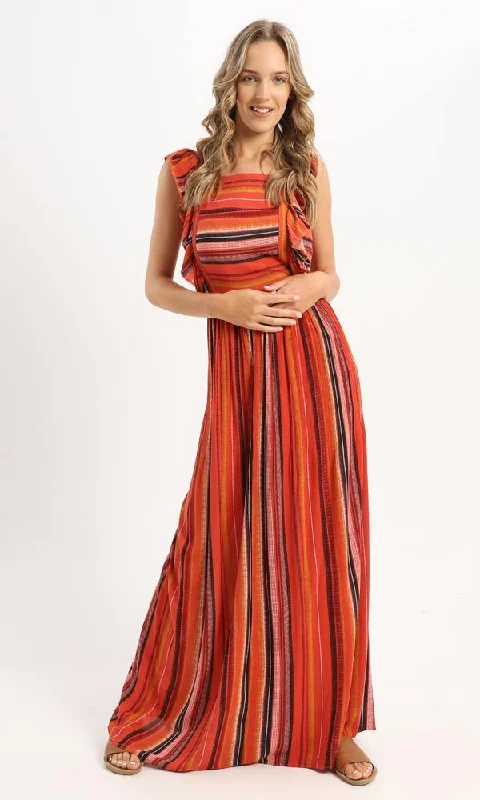 56980 Ruffle Sleeveless Striped Maxi Dress - Orange & Black Comfortable Long-Sleeve Maxi Dress