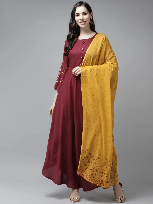 Women Maroon Solid Rayon Maxi Dress Wirh Dupatta Cozy Longline Maxi Dress