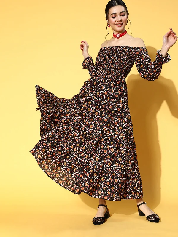 Women Black & Mustard Yellow Ethnic Motifs Off-Shoulder Maxi Dress Elegant Floral Maxi Dress