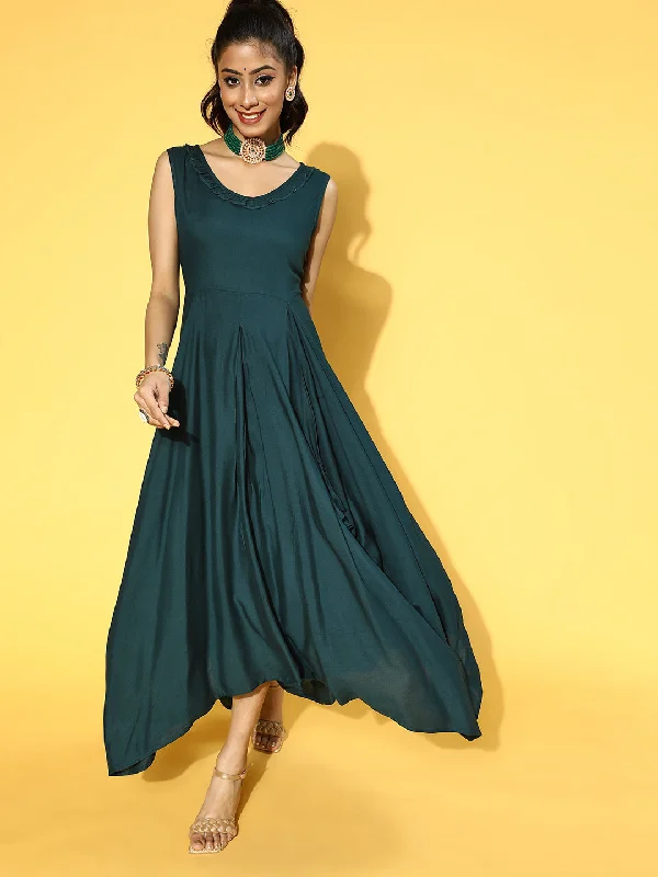 Women Teal Green Solid Viscose Rayon Liva Maxi Dress Elegant Maxi Dress with Belt