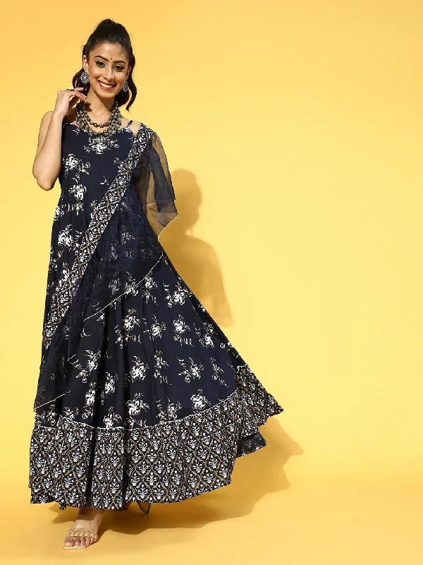 Women Navy Blue & White Ethnic Motifs Shoulder Straps Ruffles Dupatta Maxi Dress Classic A-Line Maxi Dress