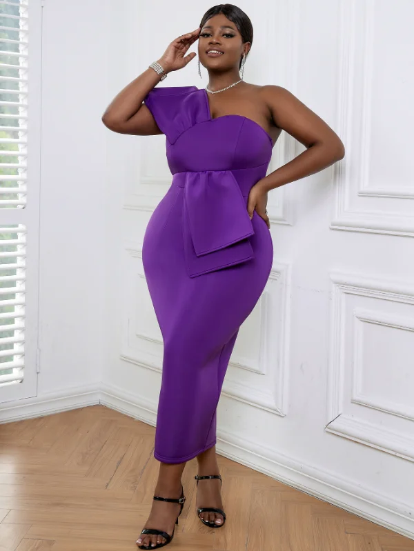 AOMEI Sexy One Shoulder Strappy Purple Maxi Dress Trendy Satin Maxi Dress