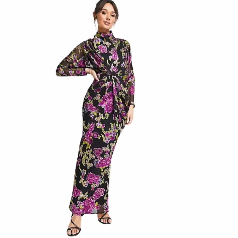 ASOS -  Floral Printed Maxi Dress With Batwing Sleeve And Wrap Waist Classic Black Maxi Dress