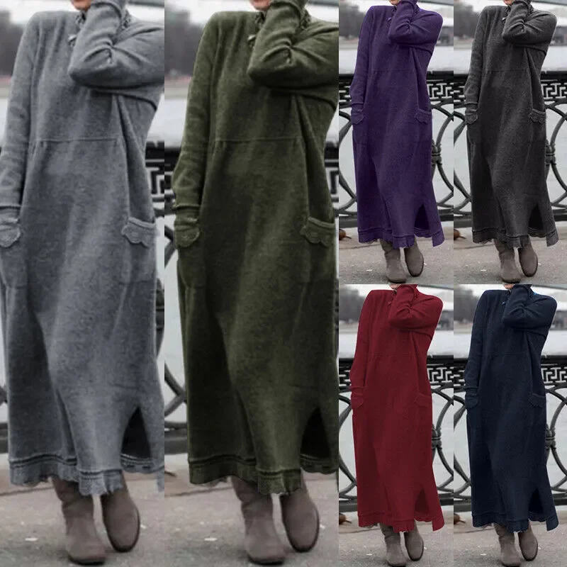 Autumn Winter Loose Plus Size Knitted Lace Long Sleeve Pocket Solid Color Casual Maxi Dress Classic Solid Maxi Dress