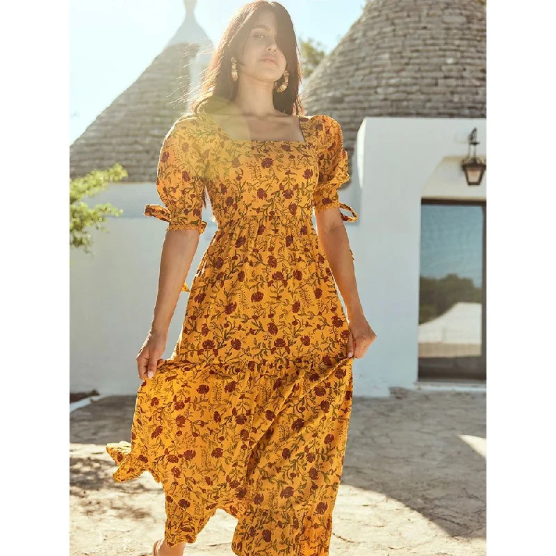 Barbara Maxi Dress - Golden Marguerite & Chili Floral Print Stylish Long Sleeve Maxi Dress