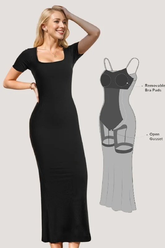 Basic Bae Built-In Shapewear Square Neck Short Sleeve Maxi Dress Classic A-Line Maxi Dress