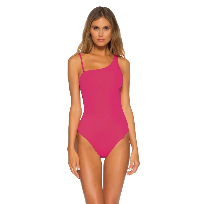 Becca Fine Line Asymmetrical Raspberry One Piece Womens Swimsuit Sporty Swim Shorts