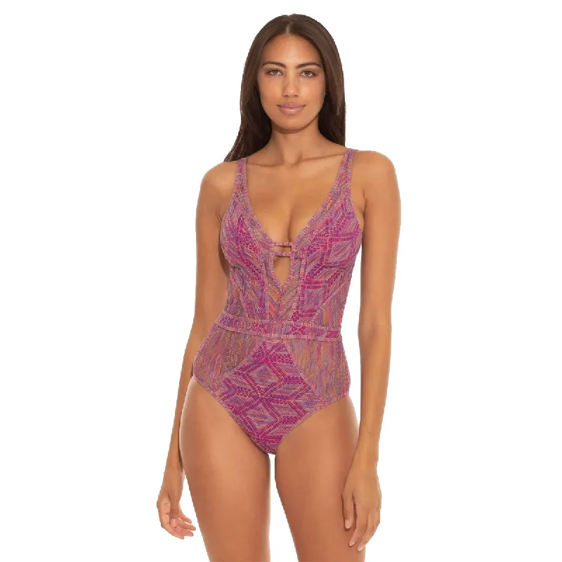 Becca Mosaic Show and Tell Plunge Berry One Piece Womens Swimsuit Bold Color Swimsuit