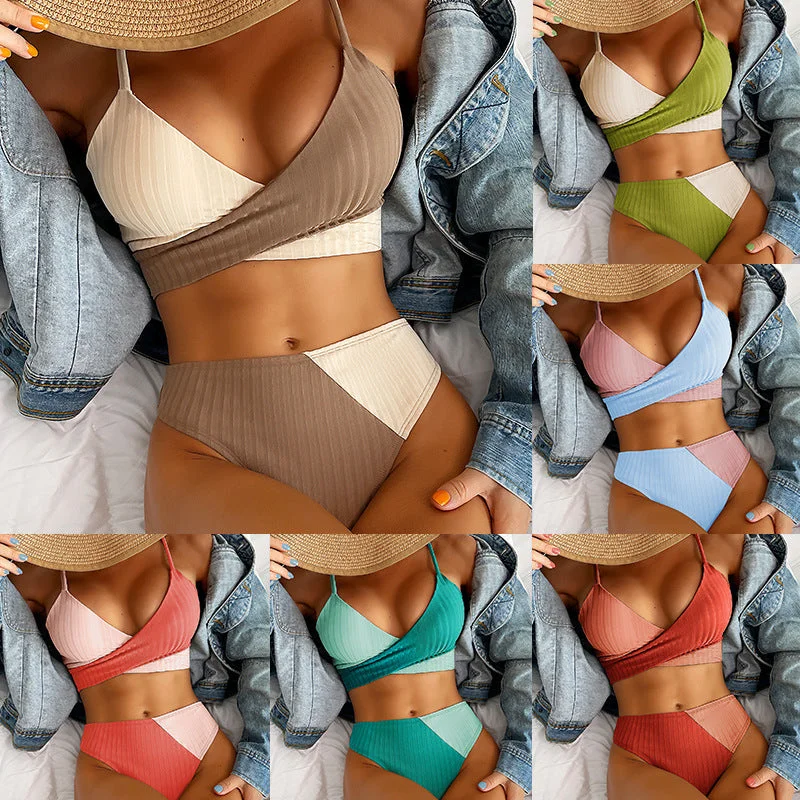 Bikini Patchwork Swimwear Ribbed Women's Swimsuit Knot Back Beachwear Ruched Butt Biquinis Bathing Suits Luxury Swimsuit Style