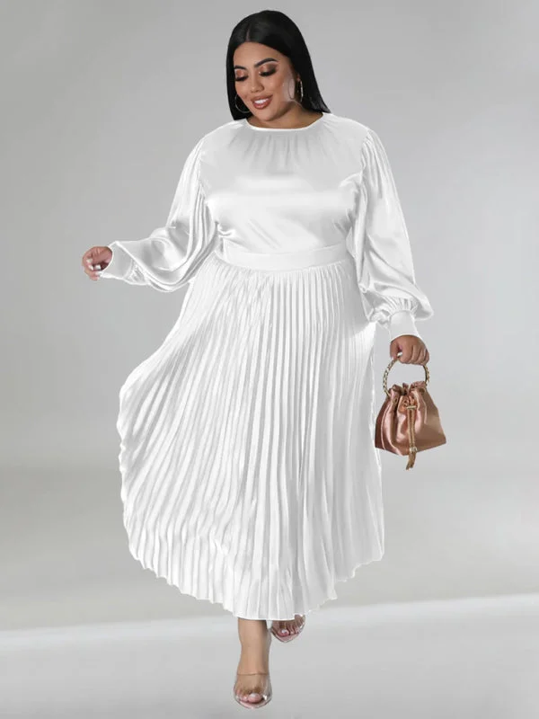 Blue Zone Planet |  Gia's Plus Size Pleated Round Neck Long Sleeve Maxi Dress Classic V-Neck Maxi Dress