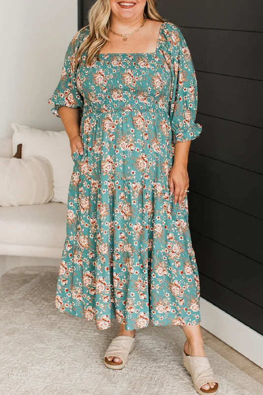 Blue Zone Planet |  Green Plus Size Floral Print Square Neck Smocked Maxi Dress Comfortable Long-Sleeve Maxi Dress