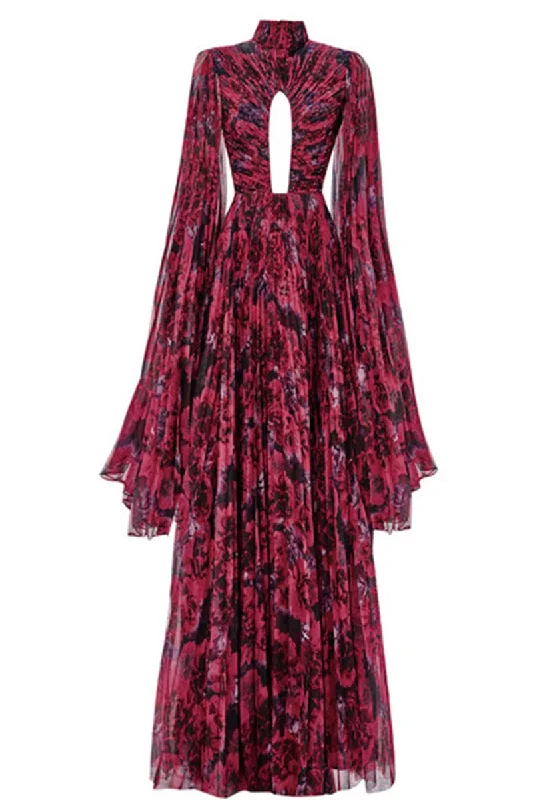 BUST DETAILED DRAPED FLORAL PATTERN MAXI DRESS IN FUCHSIA FLORAL Fashionable Halter Neck Maxi Dress