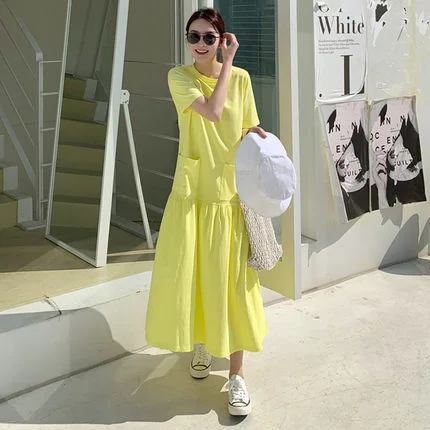 Casual Ruffled Yellow Long Maxi Dresses with Pockets Cozy Ruffle Sleeve Maxi Dress