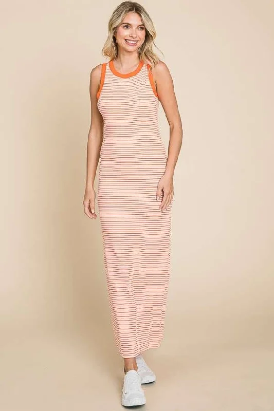 @* Here's The Stripes Orange Maxi Dress Cozy Ruffle Sleeve Maxi Dress