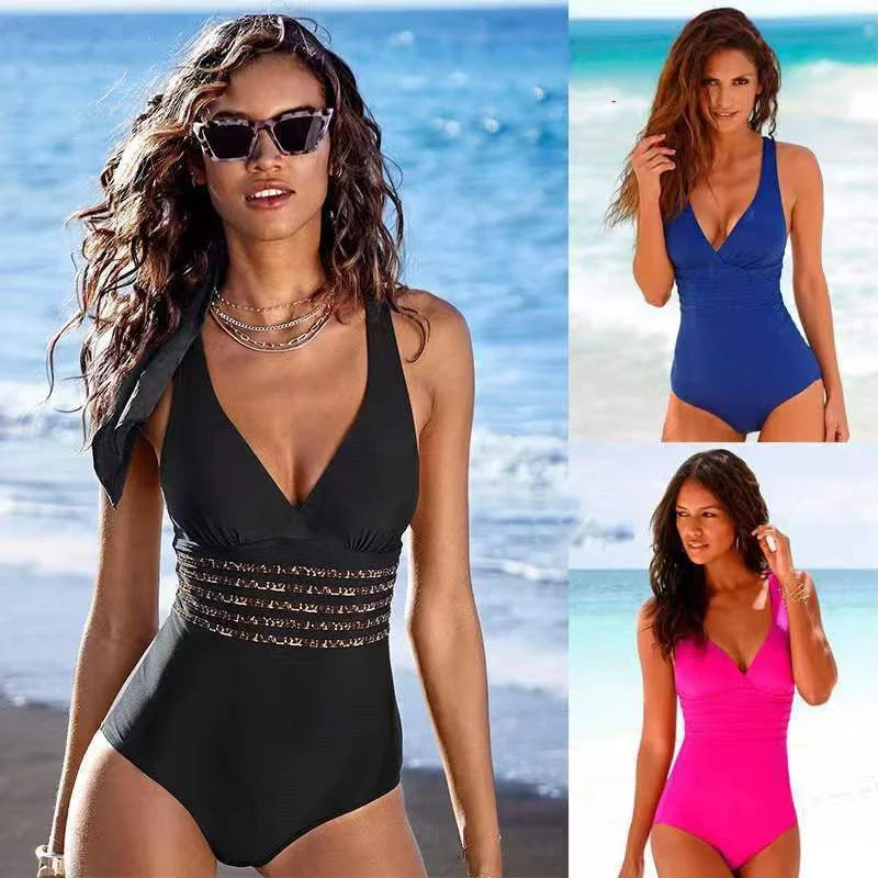 Covering Belly Thin Exposed Back Sexy Pure Color Bikini One Piece Swimsuit Beachy Ruffle Bikini