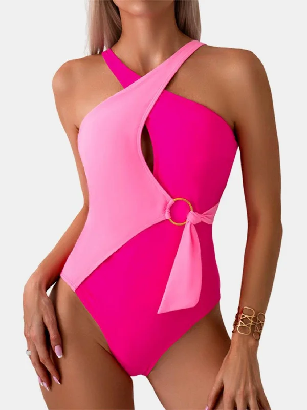 Cutout Contrast Sleeveless One-Piece Swimwear in 4 Colors Floral Swimwear Set