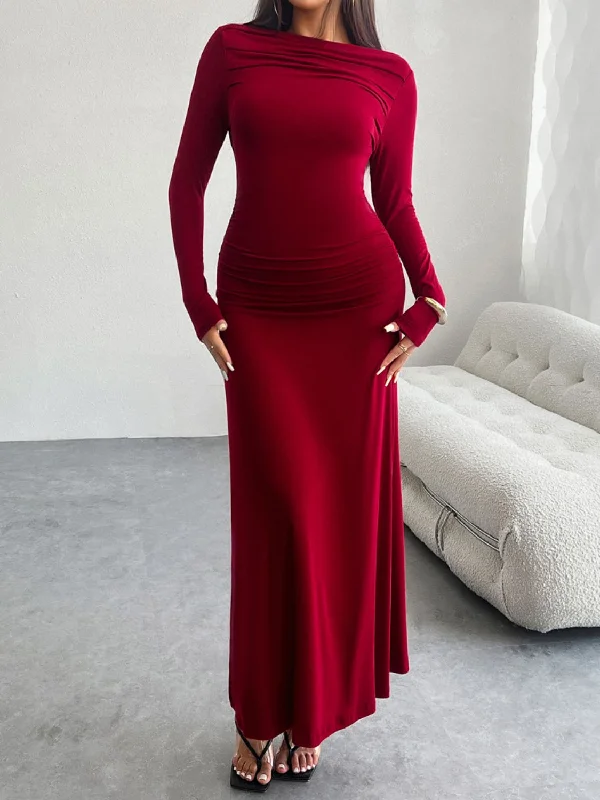 Devine Ruched Long Sleeve Maxi Dress Comfortable Maxi Dress with Belt