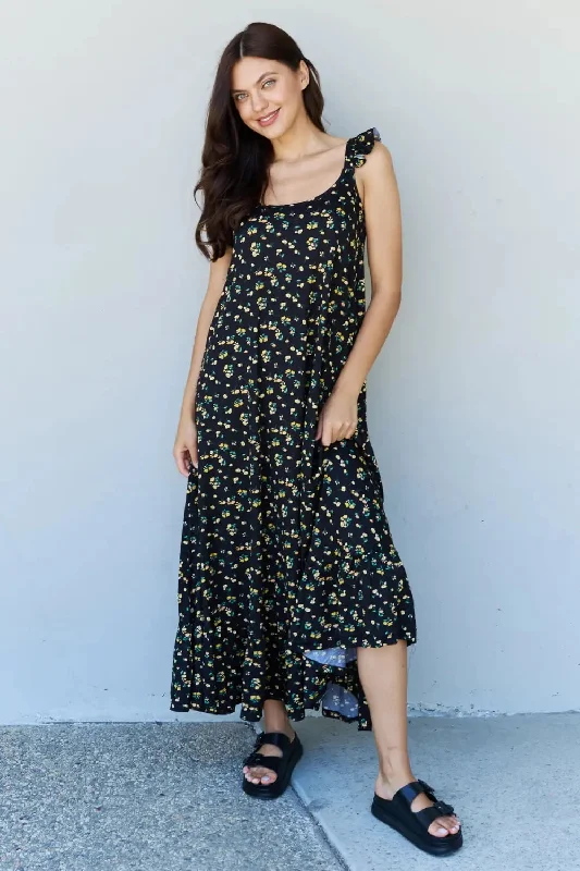 Doublju In The Garden Ruffle Floral Maxi Dress in  Black Yellow Floral Comfortable Maxi Dress with Belt