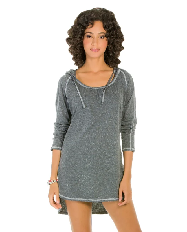 Eco Swim Solid Grey Hooded Long Sleeve Tunic Plunge Neckline Swimsuit