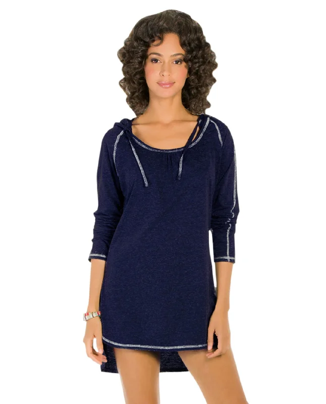 Eco Swim Solid Navy Hooded Long Sleeve Tunic Shiny One-Piece Swimsuit