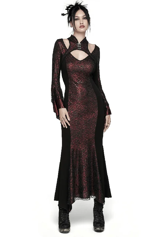 Elegant Gothic Chinese-Inspired Burgundy Maxi Dress Cozy Ribbed Maxi Dress