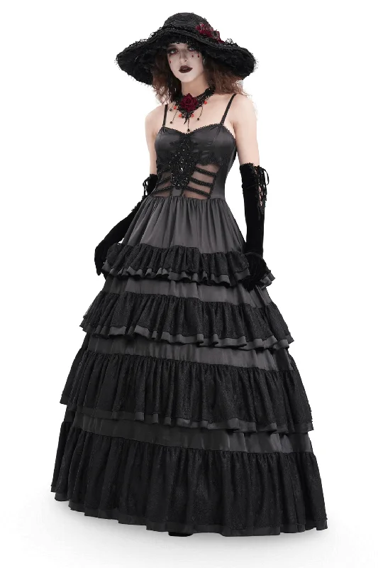 Elegant Gothic Lace Tiered Ruffle Maxi Dress with Straps Elegant Floral Maxi Dress