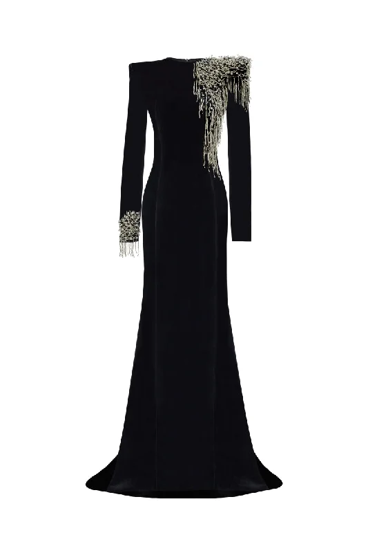 EMBROIDERED VELVET MAXI DRESS IN BLACK Stylish Boho Maxi Dress