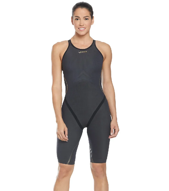 FINIS Women's Rival 2.0 Open Back Kneeskin Tech Suit Swimsuit Black Elegant Ruffle Swimsuit