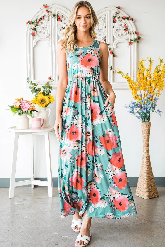 Floral Sleeveless Maxi Dress with Pockets Cozy Ribbed Maxi Dress