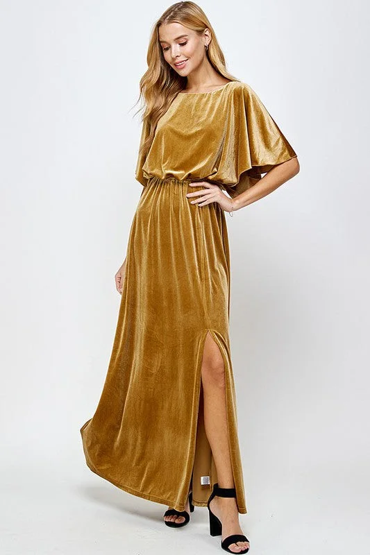 #: Formal Attire Only Gold Velvet Maxi Dress Stylish Maxi Dress with Frills