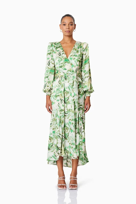 Georgia Long Sleeve Maxi Dress In Green Comfortable Pleated Maxi Dress