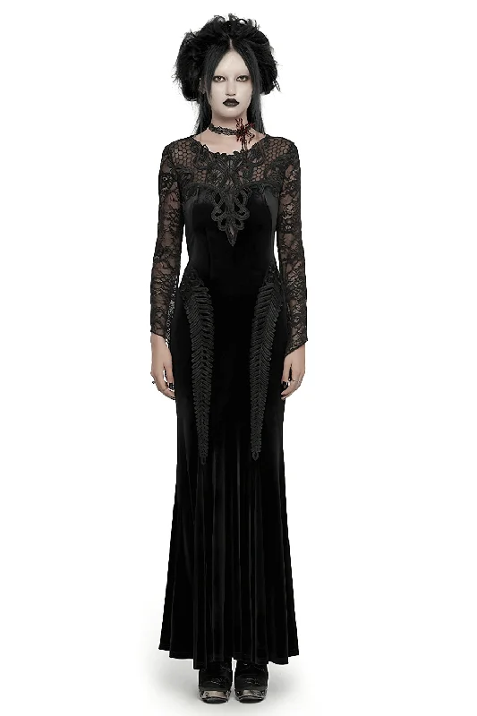 Gothic Women's Velvet Maxi Dress with Lace Detail Fashionable High-Low Maxi Dress