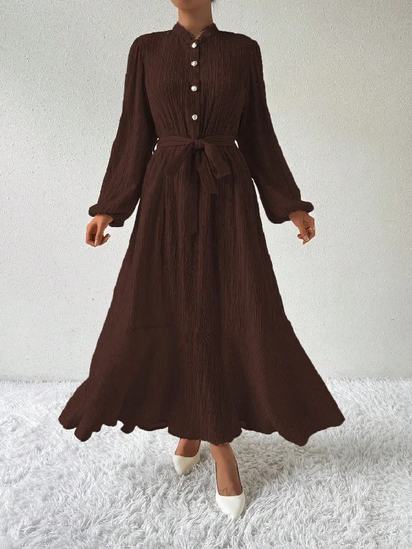 Half Button Tie Waist Long Sleeve Maxi Dress Elegant Maxi Dress with Pockets