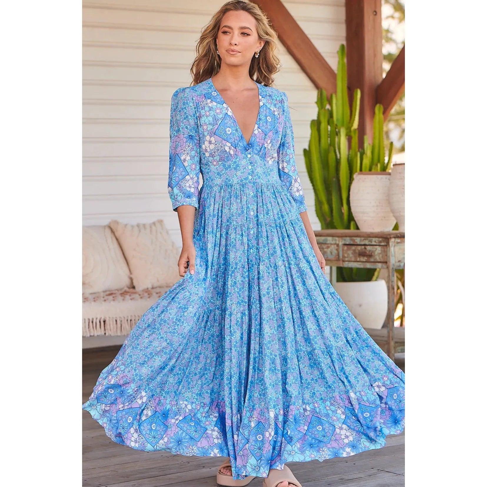 JAASE Pompeii Blue Print Berry Maxi Dress Trendy Maxi Dress with Belt