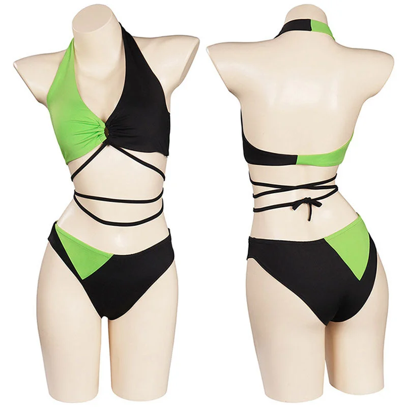 Kim Possible Shego Swimsuit Cosplay Costumes High-Waisted Swimwear