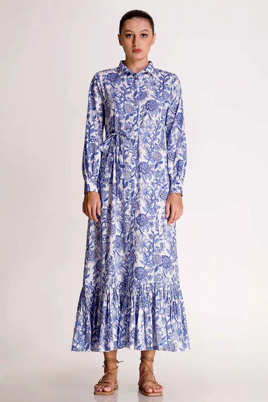 Linda - Porcelain Print Shirt Maxi Dress - Blue Casual Maxi Dress with Pockets