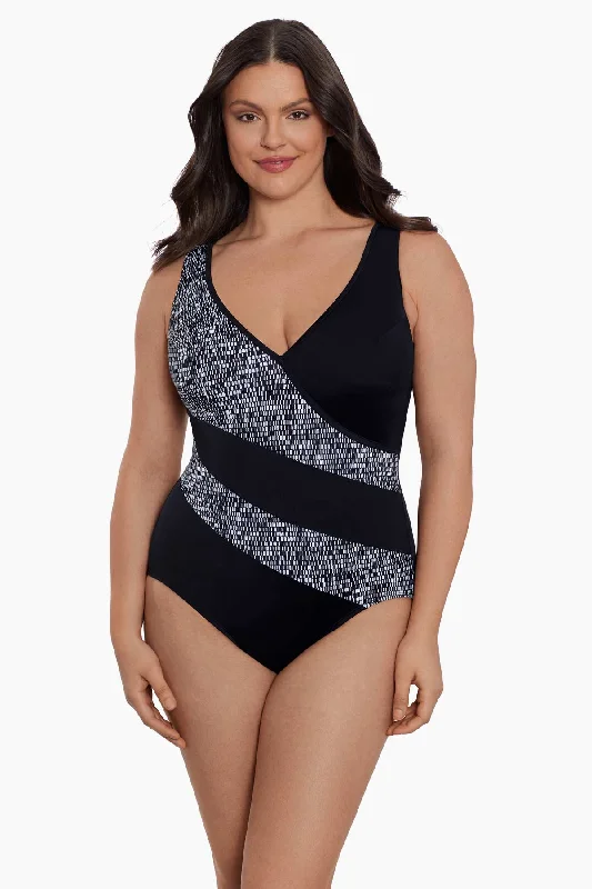 Faux Surplice Tank Long Torso One Piece Swimsuit Madison Square Tropical Print One-Piece