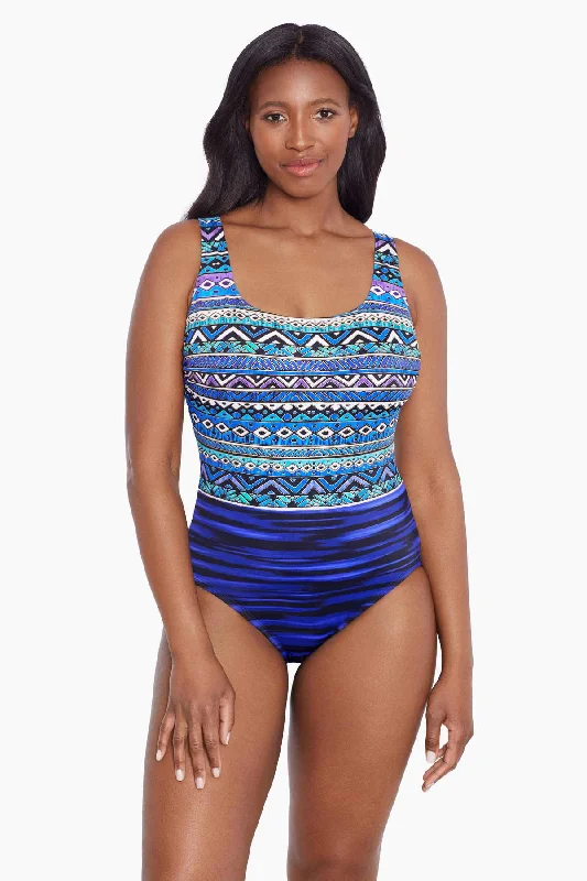 Lace-Up Back Tank Long Torso One Piece Swimsuit Mayan Trail Playful Pattern Swimsuit