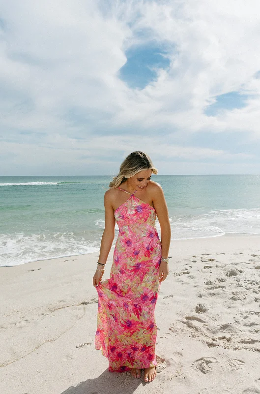 All For Florals Maxi Dress  - Fuchsia Multi Fashionable Sheer Maxi Dress