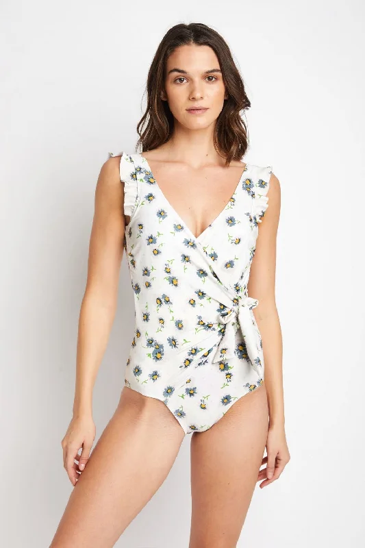 Marina West Swim Float On Ruffle Faux Wrap One-Piece in Daisy Cream Push-Up Bikini Top