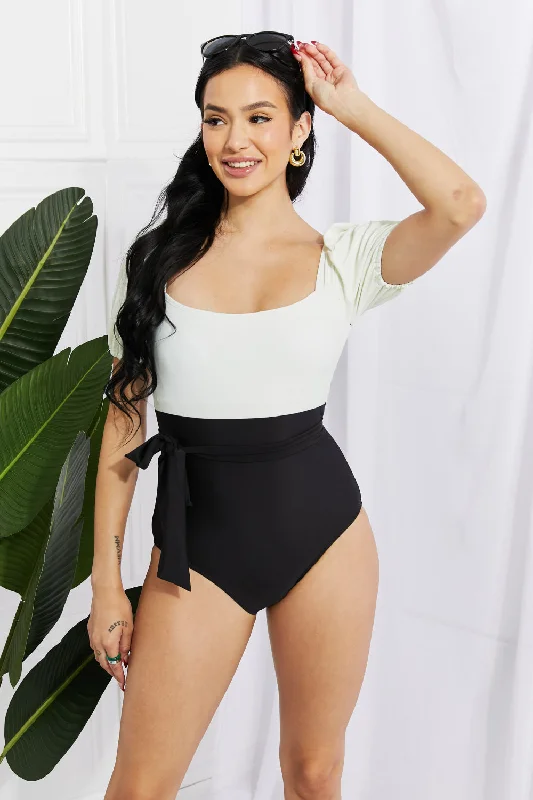 Marina West Swim Salty Air Puff Sleeve One-Piece in Cream/Black Floral Print Swimsuit