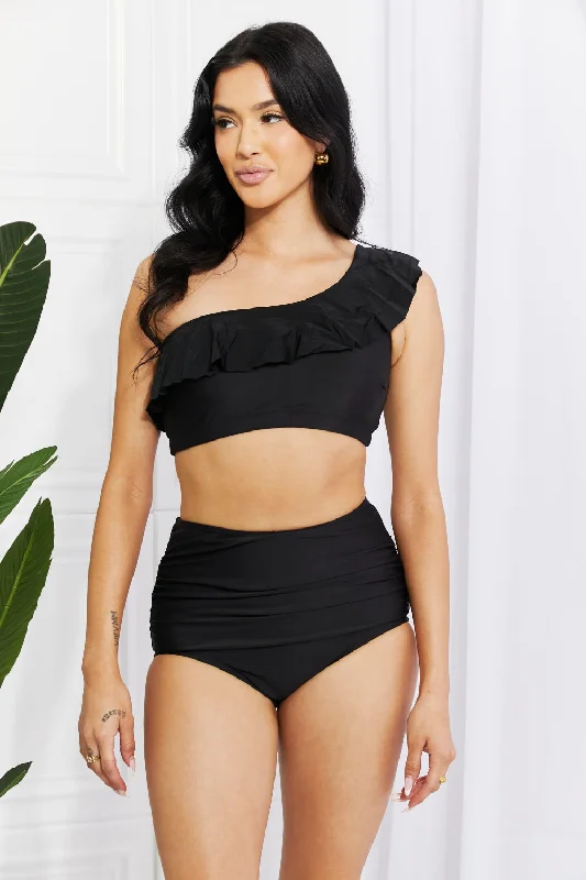 Marina West Swim Seaside Romance Ruffle One-Shoulder Bikini in Black Tie-Back Swimwear