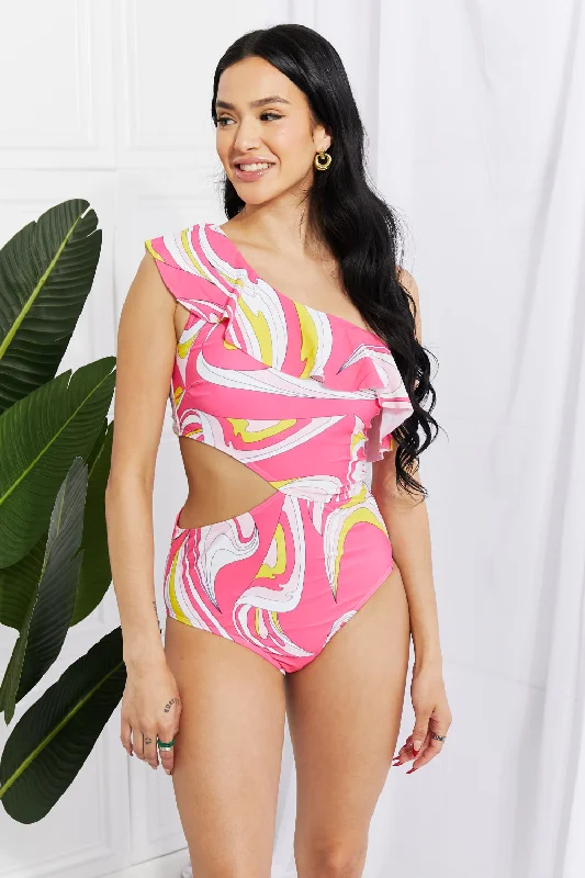 Marina West Swim Vitamin C Asymmetric Cutout Ruffle Swimsuit in Pink High-Waisted Swim Bottoms