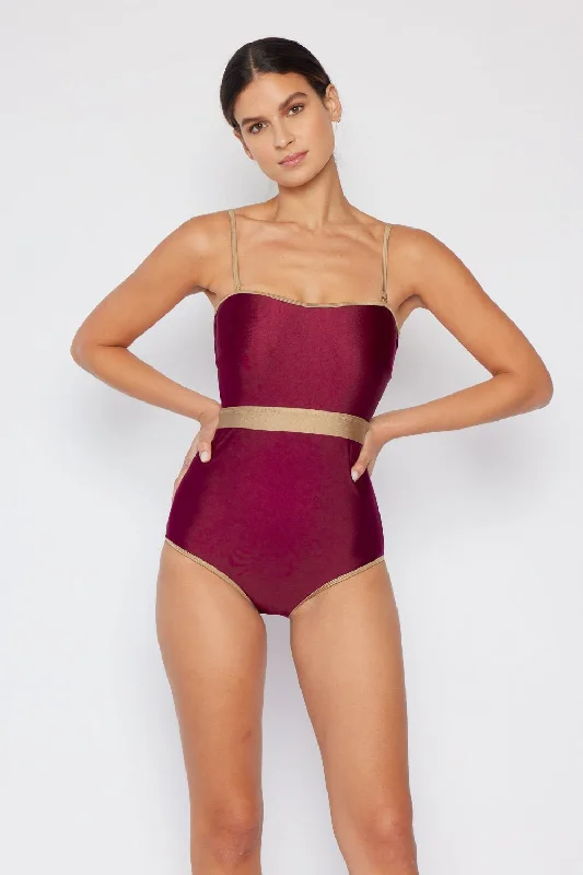 Marina West Swim Wave Break Contrast Trim One-Piece in Wine Sleek Racerback Swimsuit