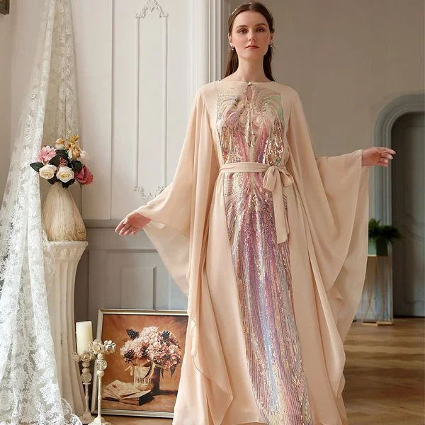 Maxi dress Beige butterfly sleeve dress Middle East women's Cozy Maxi Dress with Slit