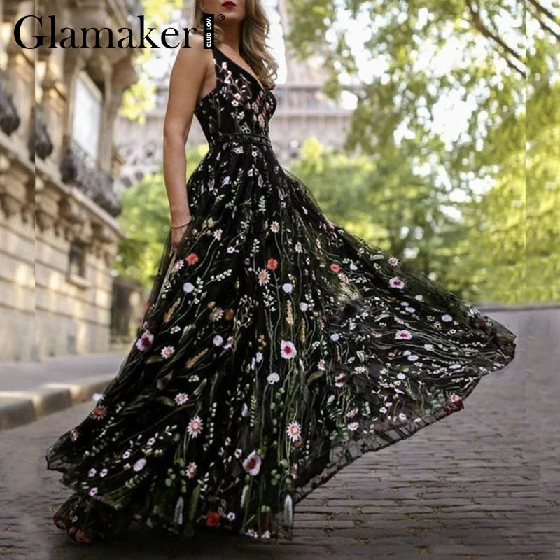 Mesh vintage floral embroidery maxi dress Women backless beach Fashionable Chiffon Tiered Maxi Dress