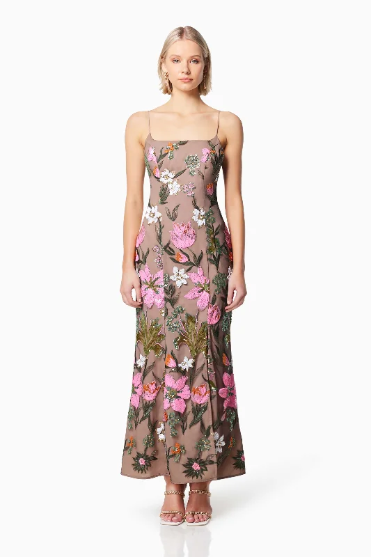 Mesmerize Floral Sequin Maxi Dress In Brown Elegant Lace Maxi Dress