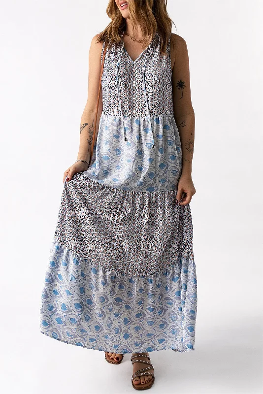 Mixed Print Tie-Neck Sleeveless Maxi Dress Elegant Maxi Dress with Ruffles