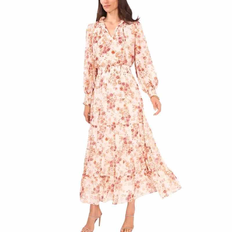 MSK - Floral-Print Balloon-Sleeve Maxi Dress Elegant Maxi Dress with Belt